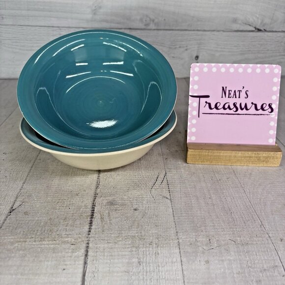 Dover & York DYO1 CIRCLES Rings Swirl Aqua Stoneware Cereal Soup Bowls Set of 2 - Picture 1 of 16